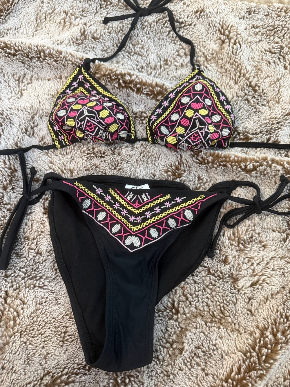 Black Women's Embroidered Triangle Bikini Set with Pink & Yellow Accents